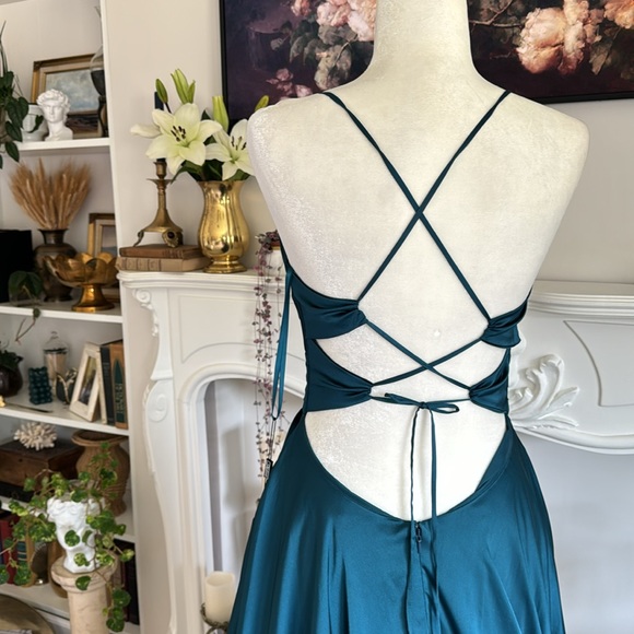 LA FEMME 28571 Teal Satin A-line Dress Open Back - Picture 8 of 10